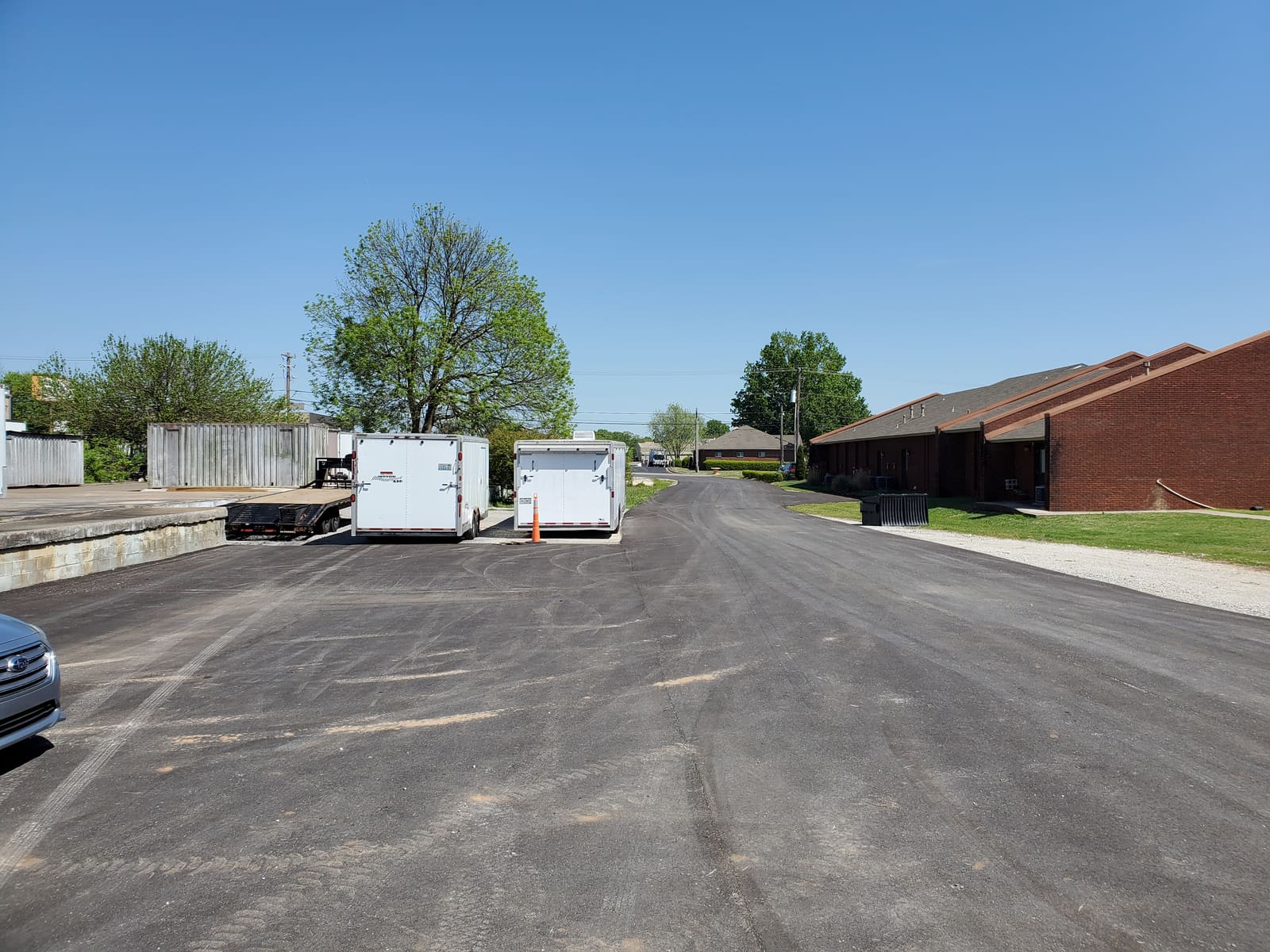 Outdoor trailer parking area at B2 Motorsports in Huntsville