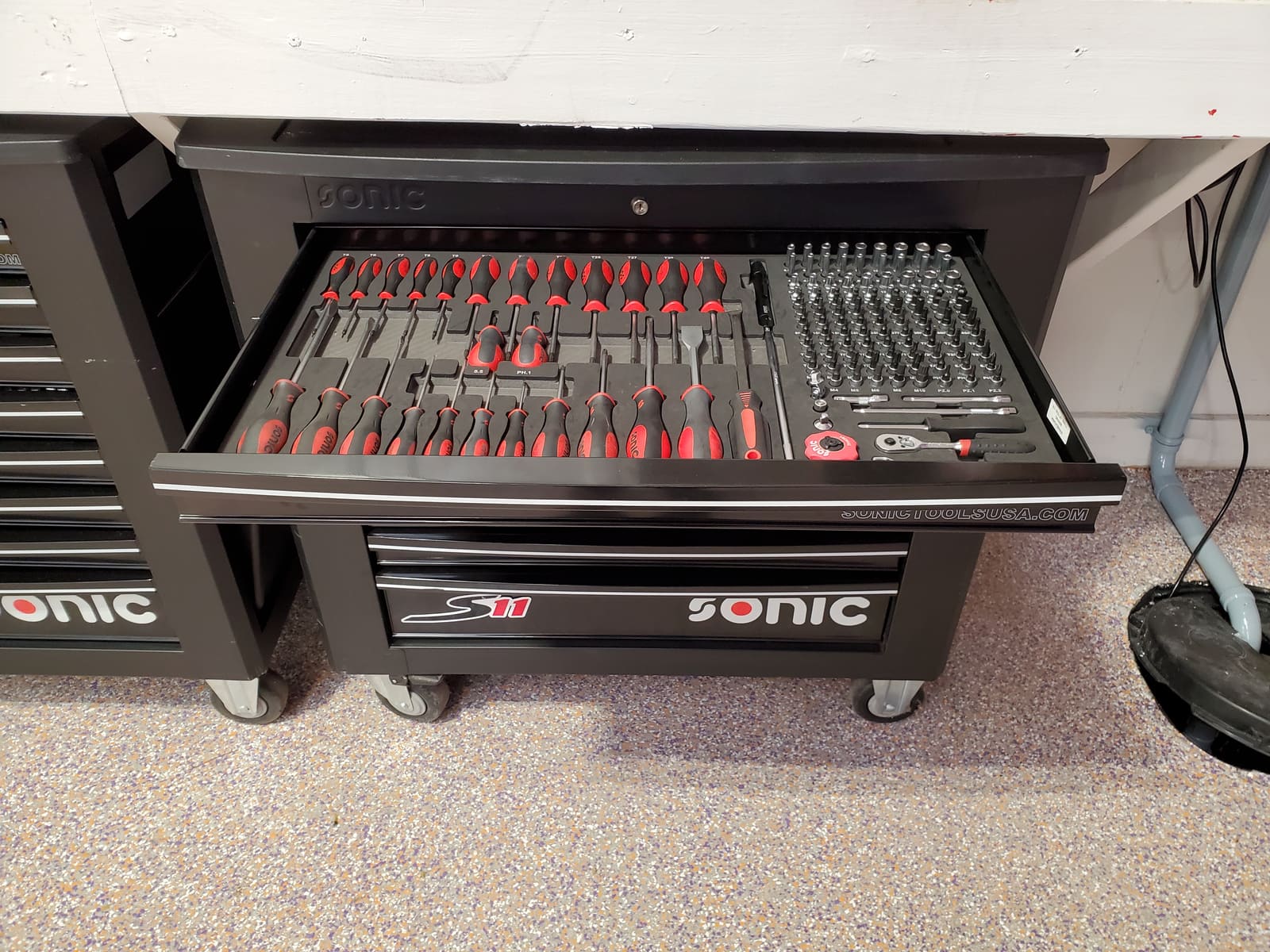 Open tool chest drawer in the B2 Motorsports shop