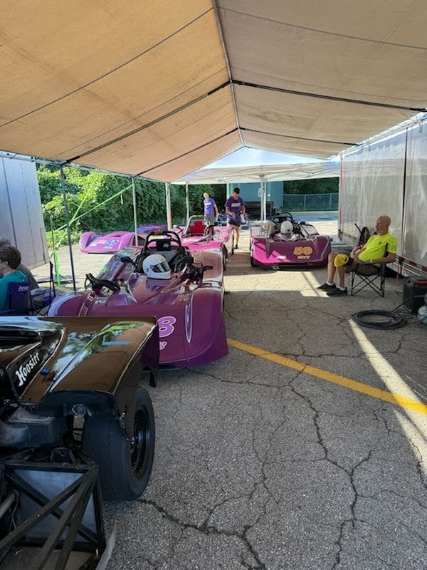 The B2 Motorsports fleet under the canopy at Road Atlanta